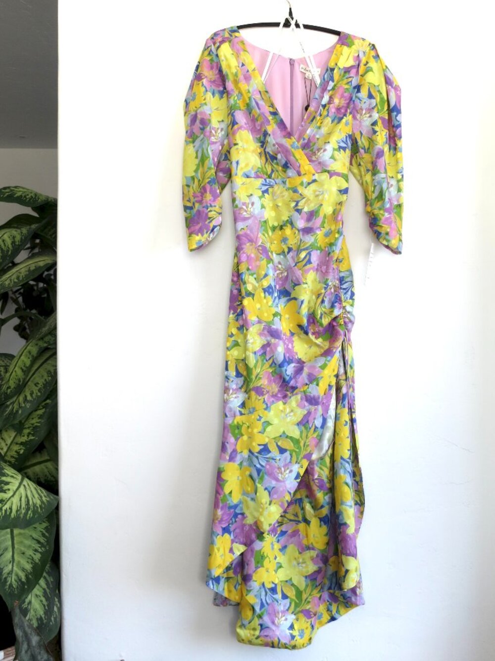 For Love and Lemons Cassia Dress Size S NWT Yellow Floral Ruched Midi Cocktail